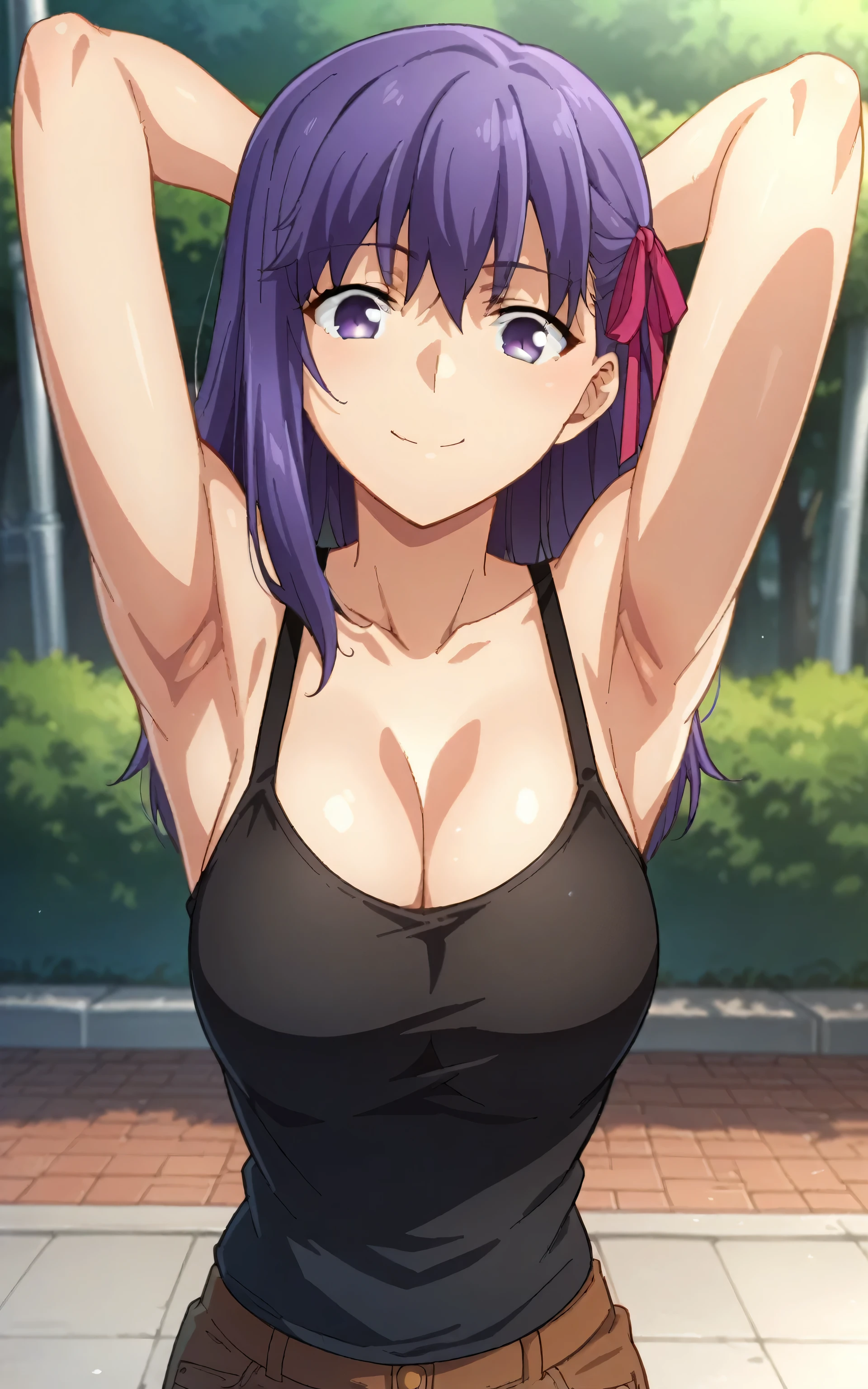 score_9, score_8_up, score_7_up, source_cartoon, source_anime, anime screencap, 1girl, solo, purple hair, long hair, purple eyes, hair ribbon, pink ribbon, black tank top, bare shoulders, arms behind head, armpits, looking at viewer, head towards viewer, smile, badhandv4, outdoors, day, park, from above, closed mouth, cleavage 