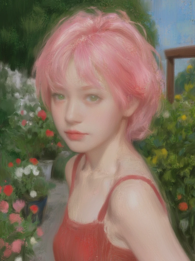 Digital painting a young woman with short, tousled pink hair and striking green eyes. She is depicted in a relaxed pose, wearing a sleeveless red top that contrasts with her fair skin. The background is a lush, vibrant garden scene with various shades of green, suggesting a serene outdoor setting. The composition includes elements like potted plants and a wooden structure, adding depth and context to the scene. The lighting is soft, casting gentle shadows that enhance the tranquil atmosphere. The overall style is reminiscent of traditional hand-drawn animation, with detailed line work and rich color palettes.