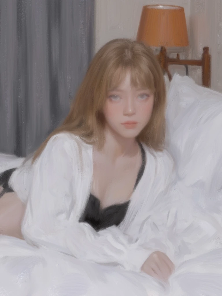 Digital painting of a young woman with fair skin and long, light brown hair. She is lying on a bed with white sheets, wearing a white shirt and black undergarments. Her facial expression is neutral, with a direct gaze towards the camera. The room has a modern aesthetic, with a grey curtain and a wooden lamp with an orange shade in the background. The lighting is soft, creating a calm and intimate atmosphere. The composition focuses on the subject, with a shallow depth of field that blurs the background slightly.