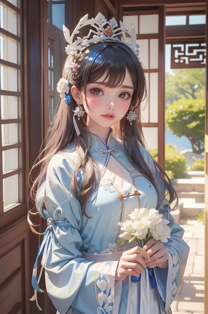 silver and white,chinese palace,1little girl,lily,ponytails,brunette color hair,By bangs,Long chinese dress,flower,9-year-old female model,Princess,Smile,