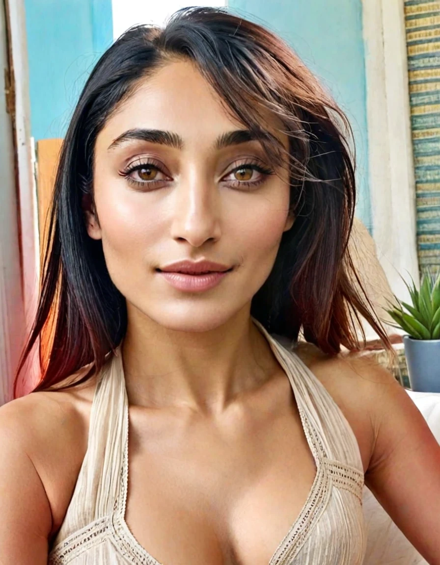 Potrait closeup photo of Rashmika mandanna in bra, ((free shaggy uncombed hair)), ((tall body)),(( looking at viewer)),((big cheeks)),30 year old woman,1woman,solo,breasts,shirt,(fleshy face),medium hair,cleavage,black hair,navel,midriff, bedroom ,
best quality,masterpiece,illustration,an extremely delicate and beautiful,CG,unity,8k wallpaper,Amazing,finely detail,masterpiece,official art,extremely detailed CG unity 8k wallpaper,incredibly absurdres,huge filesize,ultra-detailed,highres,extremely detailed,beautiful detailed girl,realistic,broad fleshy body, ((perfect eyes nd eyebrow))