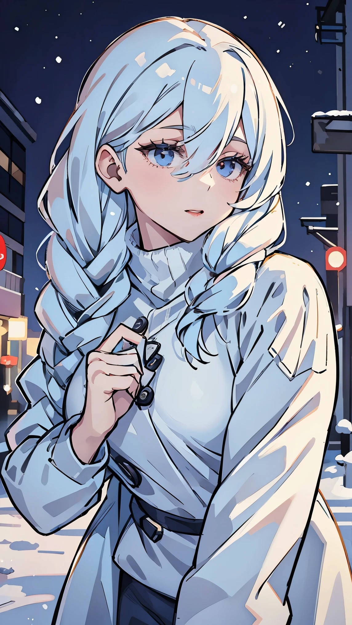Woman,alone,Mei Mei,white hair,Fashion Winter Clothing,winter,snow,city,night,street, neon lights,Very details, top quality, high precision, beautiful lighting, realistic shade, high precision, detailed skin, very detailed, faces and detailed eyes, realistic eyes, cowboy shot