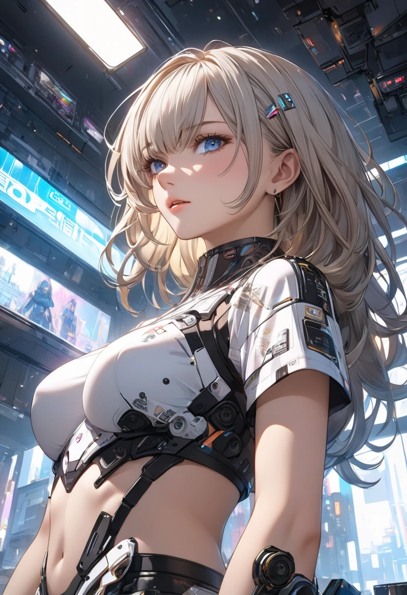(photorealistic:1.8, highest quality:1.8,8K masterpiece:1.8,High resolution,muste piece:1.8,RAW Photos,cinematic lighting),No split screen, cyber punk、Back alley of the city at night、rain-soaked ground、vapor、
(1 android girl:1.3)、Completely naked、full body tattoo、choker、beautiful breasts、shirt、Denim Micro Shorts、beautiful butt,beautiful thighs,plump nipples、Nipples are visible through the costume,cameltoe,Body painting with a pop design drawn all over the body、pop art design、cutting edge fashion、conceptual art、
(Beautiful, shining pale-white, gray-gold hair:1.5)、Exhilarated