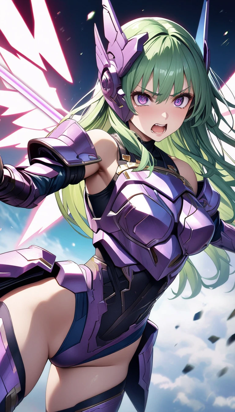 masterpiece、highest quality、Ultra-high resolution、Maximum resolution、Very detailed、Professional Lighting、anime、Adult female、thin、so beautiful、Annoyed face、Through clenched teeth、White and purple enamel high leg leotard、Purple pattern、((Cyber Armor))、Shiny Armor、White decoration、Cyber Headgear、Skin is visible from the shoulders、Gold earrings、Green Hair、Long Hair、Purple Ideam Chest、Pink Lips、White Cape、With a shiny shield、With a beam saber、On the back grows large feathers、Dynamic pose、