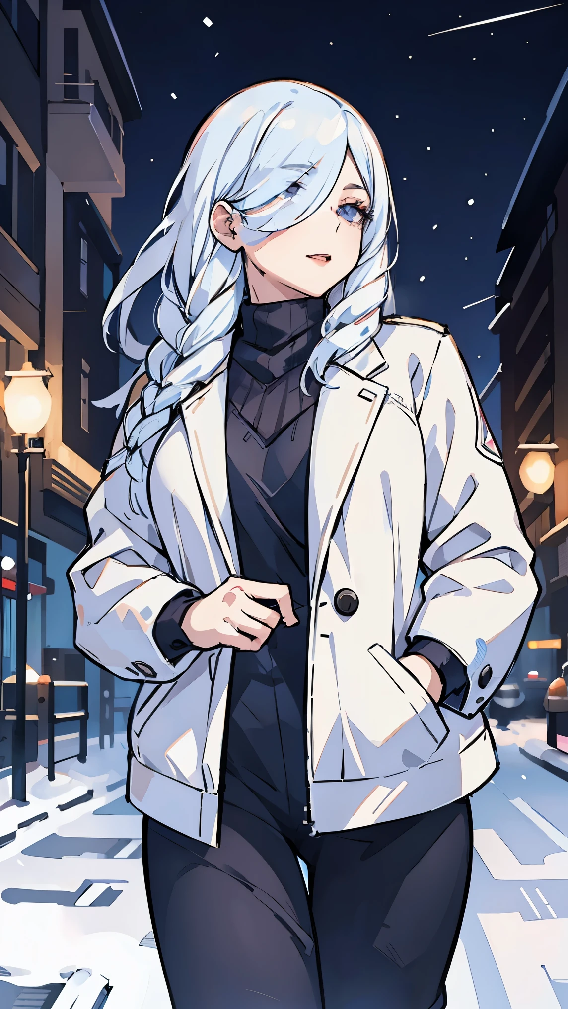 Woman,alone,Mei Mei,white hair,Fashion Winter Clothing,winter,snow,city,night,street, neon lights,Very details, top quality, high precision, beautiful lighting, realistic shade, high precision, detailed skin, very detailed, faces and detailed eyes, realistic eyes, cowboy shot