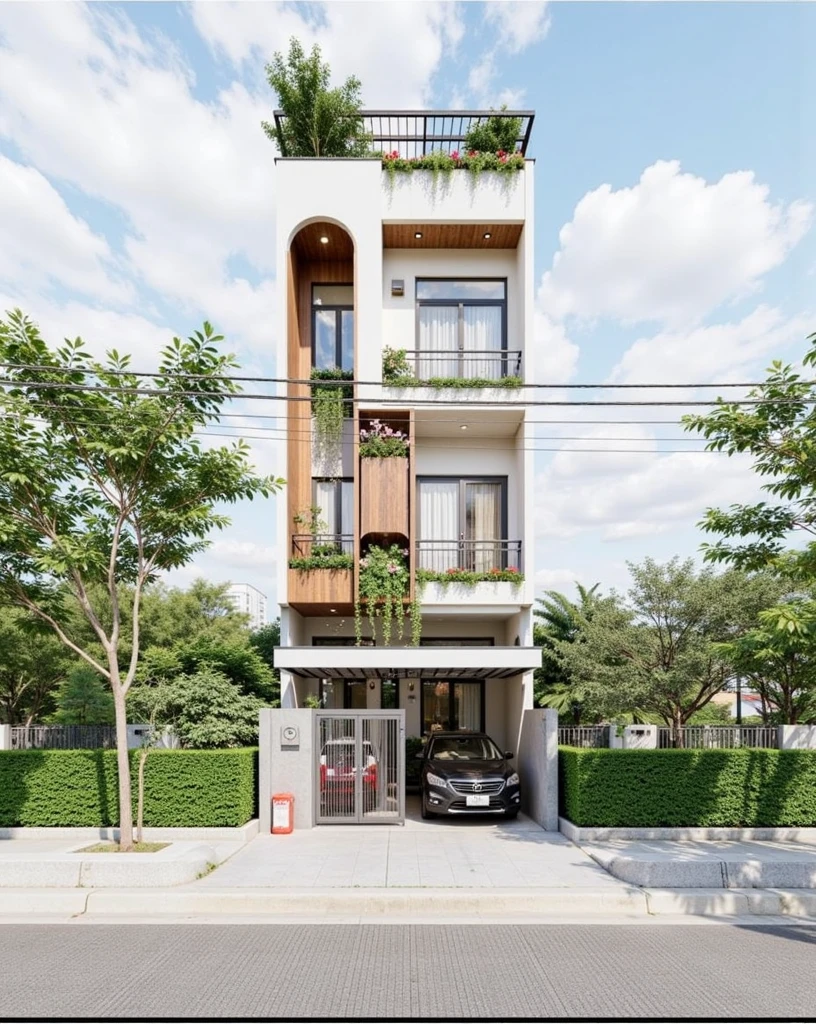 This image showcases a contemporary town-story house design, typical of urban Vietnamese architecture. The design prioritizes vertical space, integrates natural elements, and maintains a clean, modern aesthetic.
Structure and Form: The house is tall and narrow, maximizing the use of a limited footprint. The facade is primarily a light gray or concrete finish, providing a neutral backdrop. Clean lines and rectangular shapes define the structure.
Greenery: Integrated plants and greenery are a key feature. Planter boxes on each balcony and cascading vines create a vertical garden effect, softening the building's hard lines and bringing nature into the urban environment. The top floor features a more substantial planter box with a variety of plants, including some flowering species. A light-colored wood privacy screen on the top floor adds warmth and complements the greenery.
Entrance and Gate: The ground floor features a combined entrance and garage space. The gate is a mix of dark gray metal and warm-toned wood, adding visual interest and a touch of elegance. A low hedge provides privacy and defines the boundary of the property.

Windows and Balconies: Large windows and glass doors on each floor maximize natural light and ventilation. The windows likely have dark frames, creating a contrast with the lighter facade. The balconies have simple metal railings.

Rooftop Structure: A metal and glass awning or pergola covers the rooftop terrace, providing shade and a designated outdoor space.

Surroundings and Context: The house is situated in an urban environment, with trees and other buildings visible in the background. A black car parked on the street adds to the sense of scale and suggests an urban setting.

Overall Impression: The house design is modern, functional, and environmentally conscious. The integration of greenery softens the urban setting and creates a visually appealing facade. The mix of materials, including concrete, wood, and metal