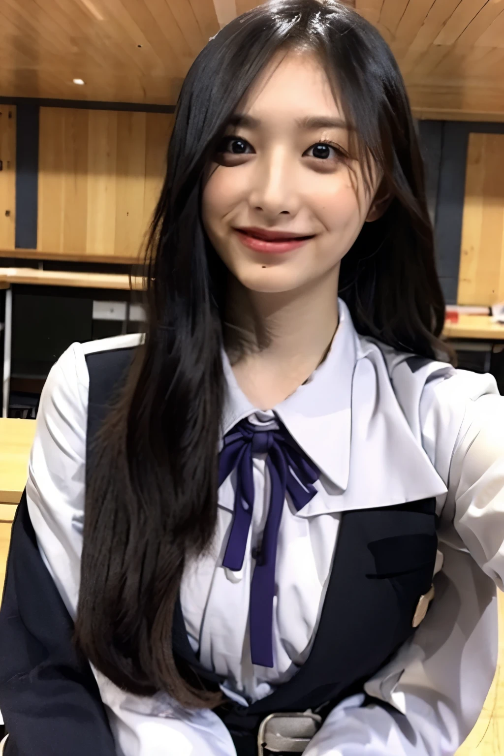 (1 Korean star with royal sister style), ((Best quality, 8K, 巨作: 1.3)), focal point: 1.2, Perfect body proportions: 1.4, (Make a smile),  （Ray traching）,Watery eyes, Highly Detailed Face and Skin Textur, Fine eyes, Double eyelids, Whitens the skin, (long whitr hair, Air bangs: 1.3), (face round: 1.5), (JK school uniform: 1.4), (duck sitting，sit on a bed: 1.6),(black lence stockings: 1.4),(JK style:1.4),(Colorful background)
