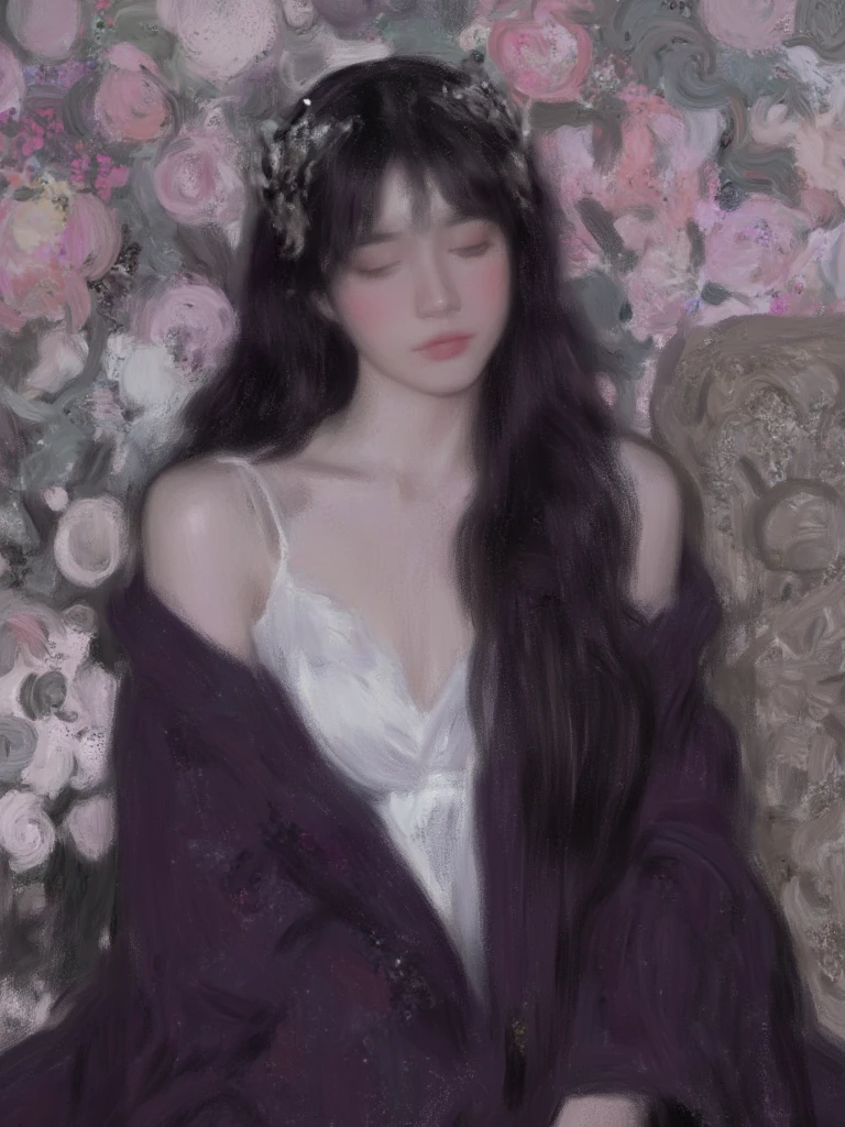 Digital artwork featuring a fantasy-style portrait of a woman with an ethereal and mystical appearance. The layout is vertical, focusing on the upper body of the subject. She has pale skin and delicate facial features, with long, dark hair adorned with intricate, metallic hairpieces. Her eyes are slightly closed, giving her a serene expression. She is draped in a flowing, dark purple robe that reveals her shoulders, adding to the elegant and mysterious aura. The background is a blend of soft, muted colors with floral elements and a stone sculpture, enhancing the fantasy theme.