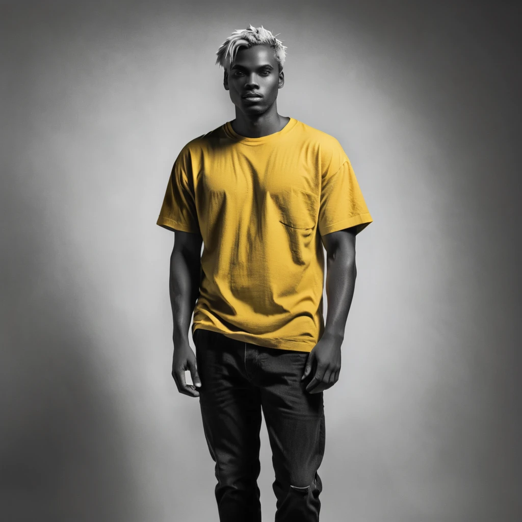 Professional black and white, high contrast, desaturated photograph of an oversized yellow t-shirt mockup against a plain background, lit with harsh, intense light and textured with a prominent, gritty grain reminiscent of candid film photography, exuding a sense of of authenticity, with impeccable composition, as if filmed with a 50mm or 35mm lens, evoking the feeling of a spontaneous and expertly captured moment, with every crease and fold of the shirt sharply defined and radiating a sense of simplicity and sophistication.