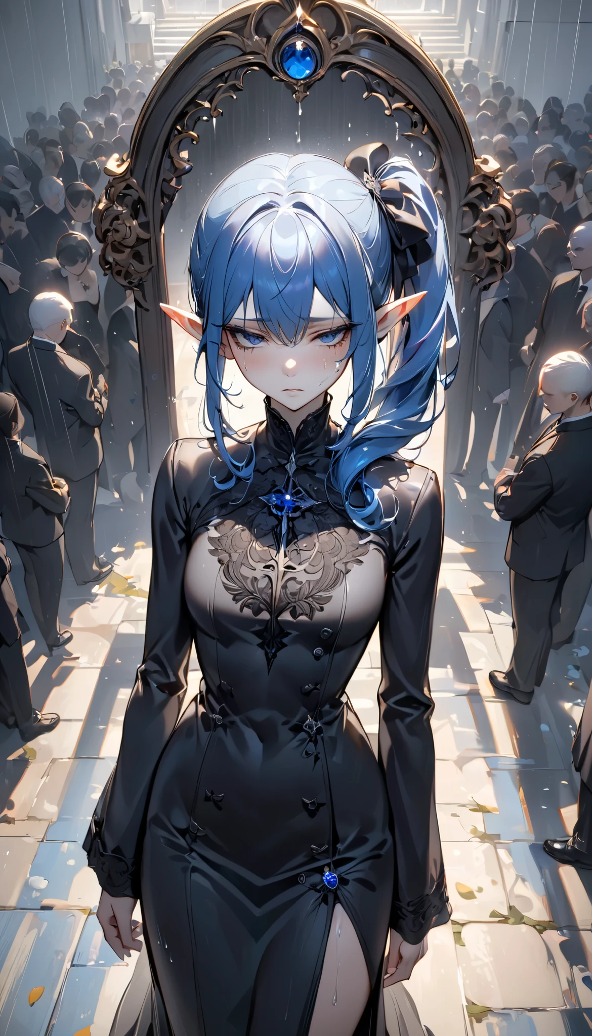 (((Best quality, 8k, Masterpiece: 1.3)), ((best quality)), ((masterpiece)), (detailed), perfect face, perfect body, (detailed skin:1.3), (intricate details), longeyelashes, blue hair, side ponytail, streaming tears, pointy ears, Surrealism, drop shadow, tachi-e, Widow, mourning clothes, Funeral, Rainy Sky
