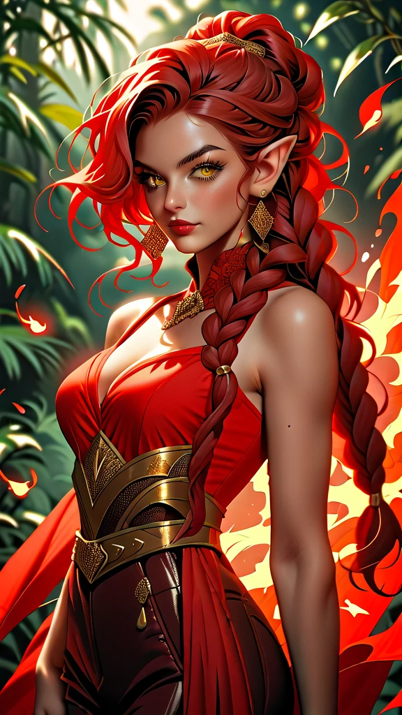 An elegant and battle-ready female ranger with elf ears, long red hair styled in intricate braids, glowing yellow eyes, and sun-kissed skin. She wears a sleeveless dark red leather armor with golden flame patterns, dark brown pants with red embroidery, and holds a crimson longbow with flame motifs. The background is an outdoor forest clearing under a sunny sky, with scorched earth visible around her. The scene captures her unleashing flaming arrows, creating explosive bursts of light.