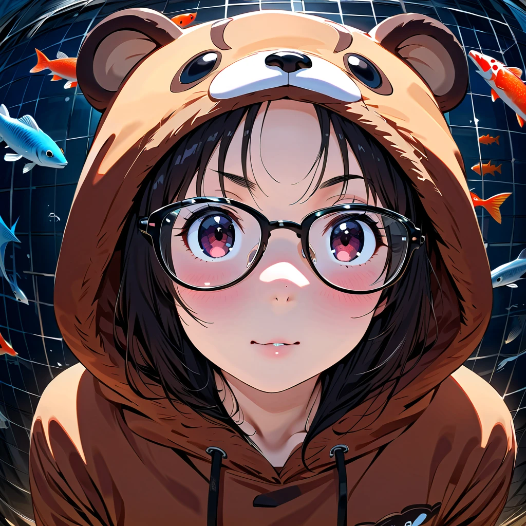 (masterpiece, best quality:1.2), 1 girl, unique, mature woman, beaver onesie, beaver pajamas, sunglasses, music-themed background, fish eye, zoomed in on eye