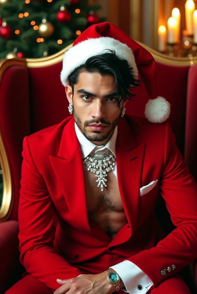 A sexy indian man with black hair, christmas time, snowinghe is sitting in sofa, looking at viewers seductively, , he has a( perfect penis 1.0), masterpiece,homoerotic ,detailed face,eyes and sexual expression ,he is wearing a fur coat, winter time,slightly curly hair,(head to thighs on focus ), sexy pose, (short beard 0.4),(slight smirking 0.5),(confidece 1.0),(( mockingly smirk 0.7),big penis