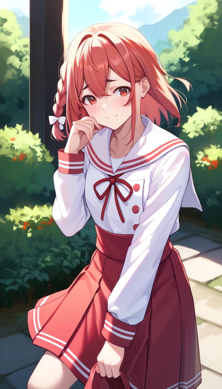 2d, masterpiece, best quality, anime, highly detailed, 1girl, solo, cowboy shot, sumi, single braid, side braid, hair bow, white bow, white shirt, long sleeves, sailor collar, red ribbon, red skirt, pleated skirt, embarrassed, blush, smile, outdoors