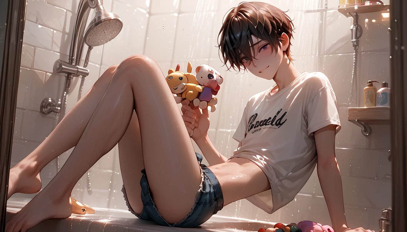 a small femboy is naked in the shower, he show his small hairless penis while he is showing his asshole, he wears only a chanel t-shirt and is shorts off. He has a very skinny body and small six packs, he is completely hairless, slim, 16 old , looking shy but happy, dark fancy hair, great visual detail and vivid romantic colors, cute face, slim legs. he is playing with some toys