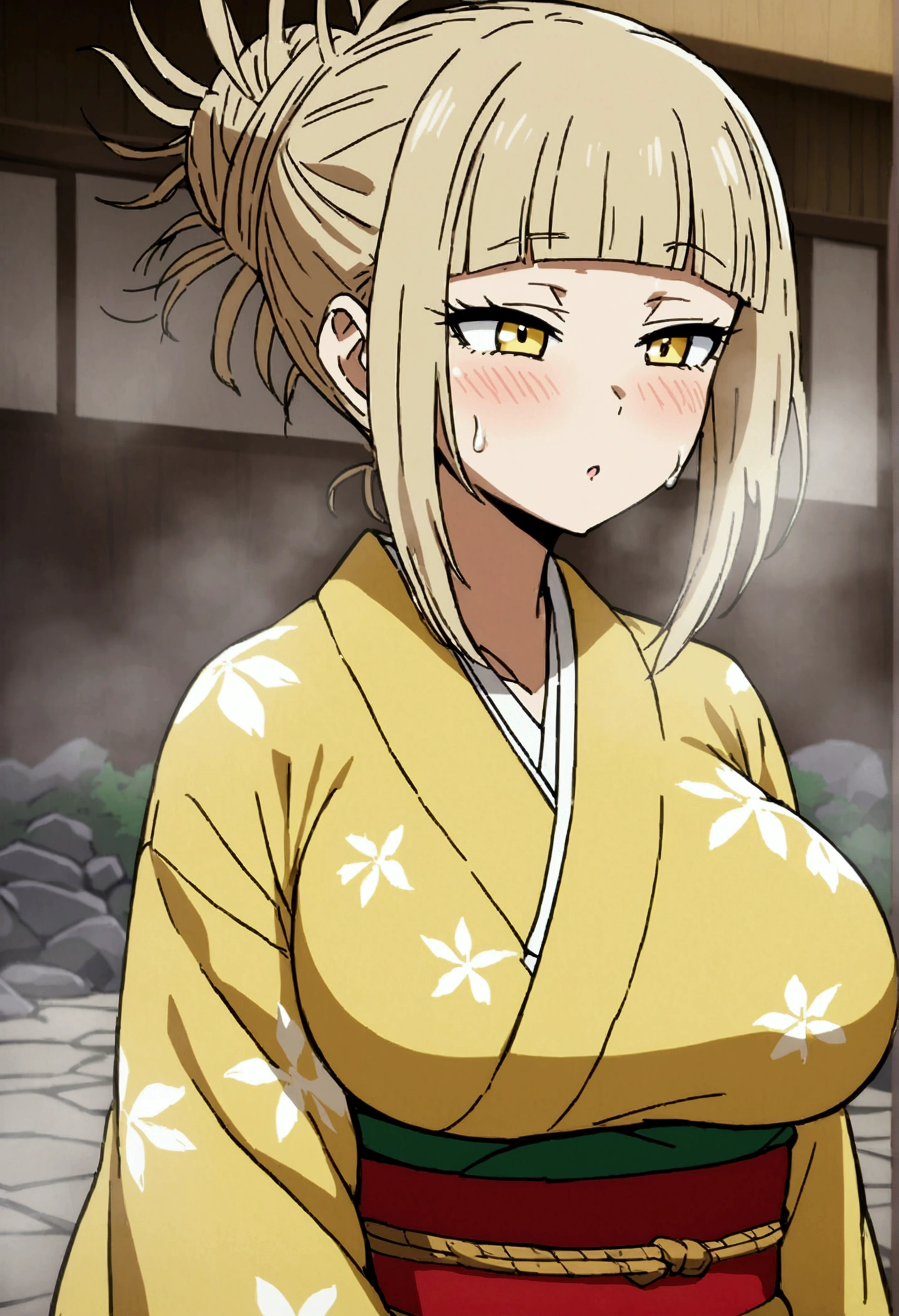 Character Himiko Toga from the anime boku no hero with big boobs wearing a kimono and sweating and breathing heavy due the hot spring steam