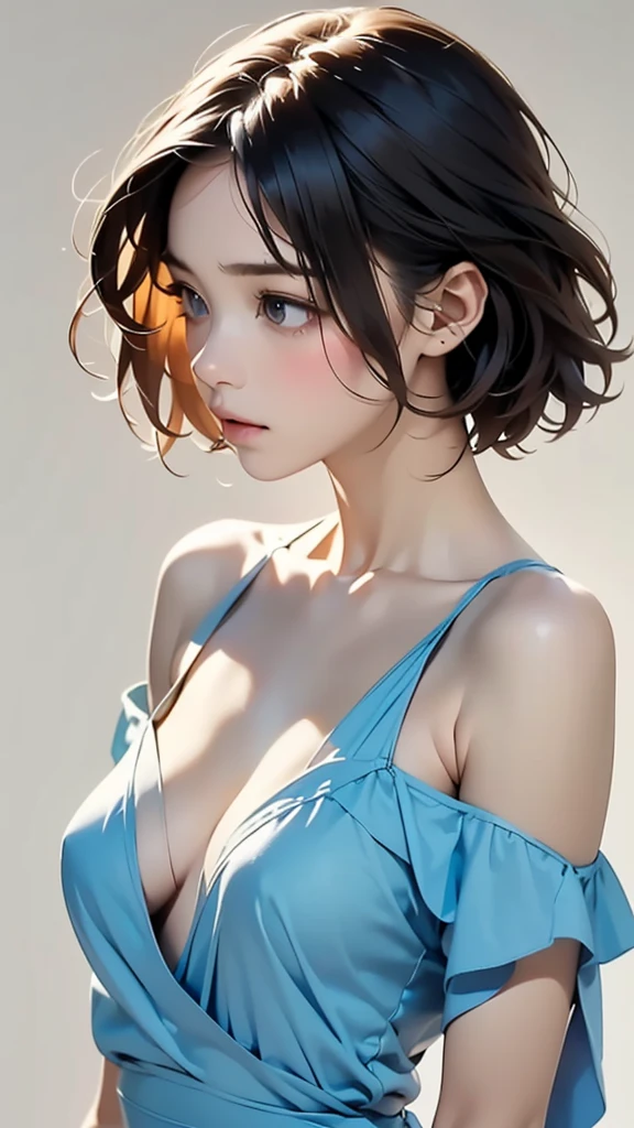 (Image from chest up:1.4)((masterpiece:1.5,Highest quality,Beautiful images、2.5D、Abstract、Artistic、Portraiture))(One girl, solo)(Cute Girls、large breasts, Gray Hair、short hair、Beautiful breasts、Off-the-shoulder outfit)(profile、Look at an angle、shake your head、Sad look, Floating Hair、Backlight)(Plain background:1.5)((Dynamic Angle:1.5)),See-through gown, ((Extremely precise and accurate anatomy:1.0)),Kind eyes,Graceful pose,(Beauty of form:1.4) Golden ratio, big eye,(nature's providence:1.4),