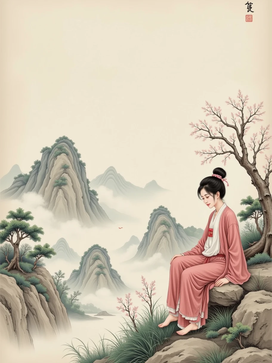 lace，Traditional Chinese landscape，Beige background， Light Grey Fine Grain Texture， Old Paper Texture ， Featured Chinese Art ，Song Dynasty，Rice paper，Goofy, 1girl， Grab a Dust Pen ，Lone clouds，Sit Alone ，Jingting Mountain，Never tire of watching