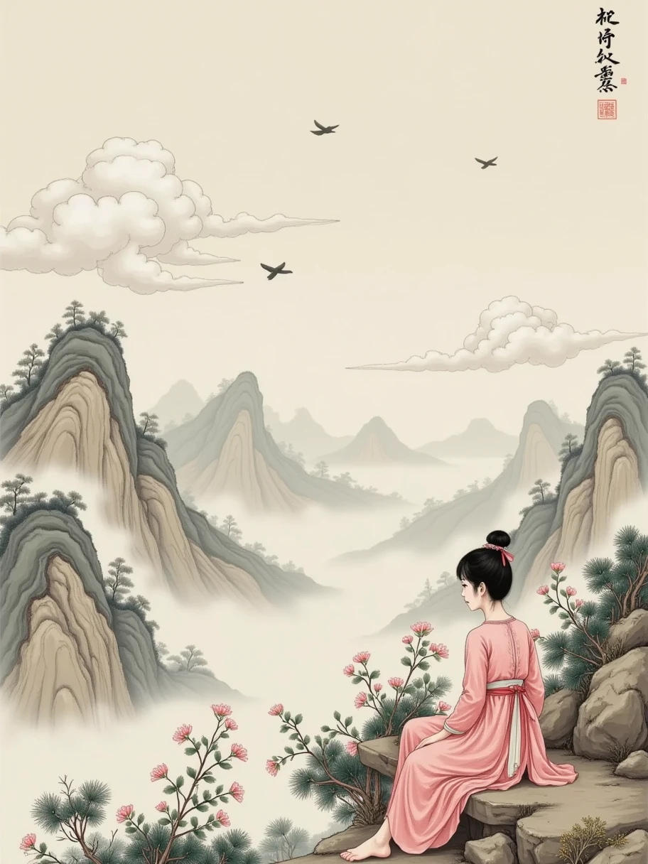 lace，Traditional Chinese landscape，Beige background， Light Grey Fine Grain Texture， Old Paper Texture ， Featured Chinese Art ，Song Dynasty，Rice paper，Goofy, 1girl， Grab a Dust Pen ，Lone clouds，Sit Alone ，Jingting Mountain，Never tire of watching