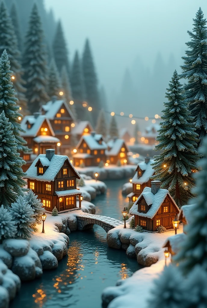 miniature, digital art, a tiny city under forest, many small houses cover by the greens, small stone road, small river, small bridge, tree decor with Christmas light, road cover in snow, Christmas theme, snow fall, intricate detailed 