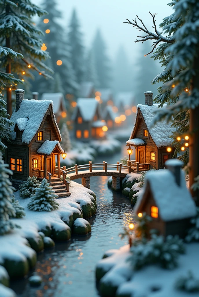 miniature, digital art, a tiny city under forest, many small houses cover by the greens, small stone road, small river, small bridge, tree decor with Christmas light, road cover in snow, Christmas theme, snow fall, intricate detailed 