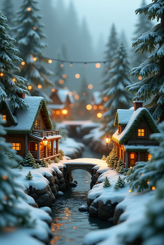 miniature, digital art, a tiny city under forest, many small houses cover by the greens, small stone road, small river, small bridge, tree decor with Christmas light, road cover in snow, Christmas theme, snow fall, intricate detailed 