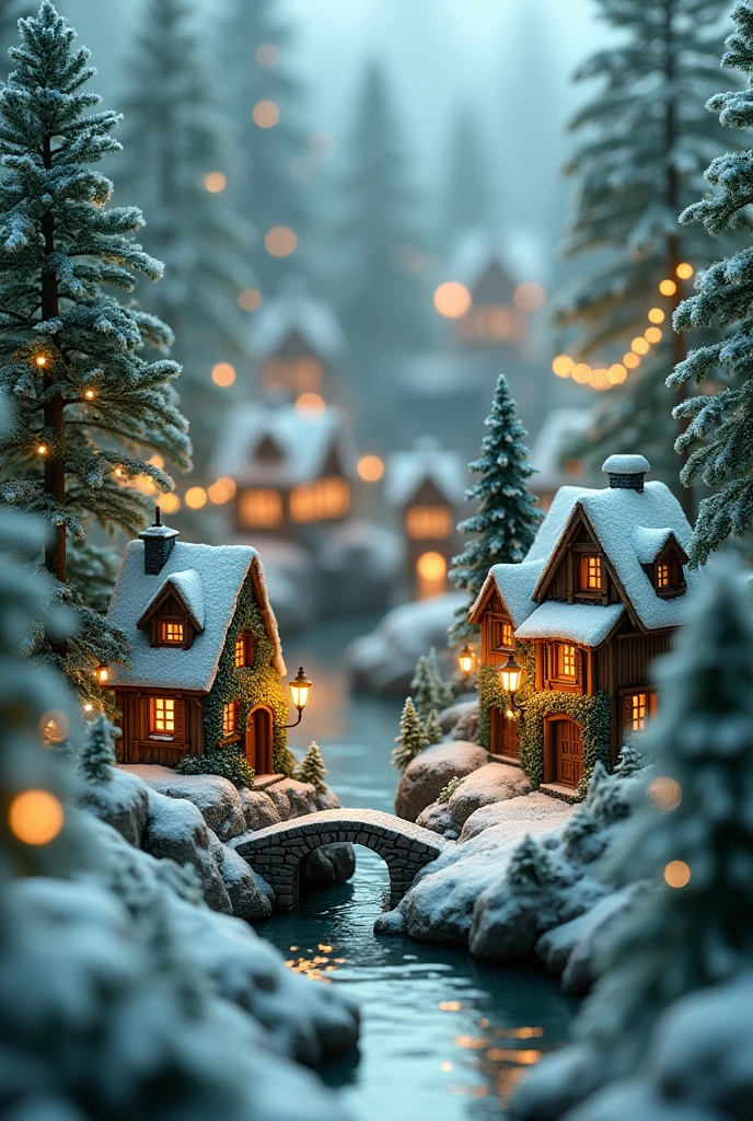 miniature, digital art, a tiny city under forest, many small houses cover by the greens, small stone road, small river, small bridge, tree decor with Christmas light, road cover in snow, Christmas theme, snow fall, intricate detailed 