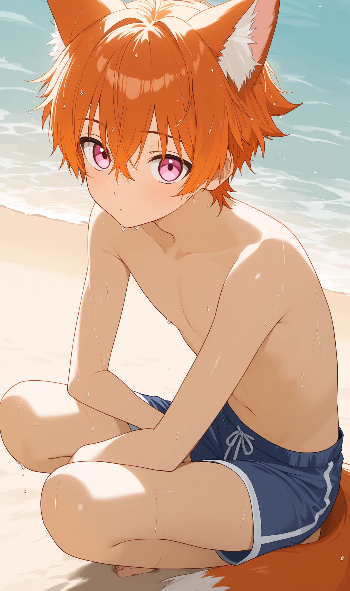Boy, slim, Cute, Pale white skin, green eyes, Short red hair, on beach, looks shyly at the viewer, smiling, wet, spread legs, squatting, ass view, back view, white shorts, lies on the sand, lying on his stomach