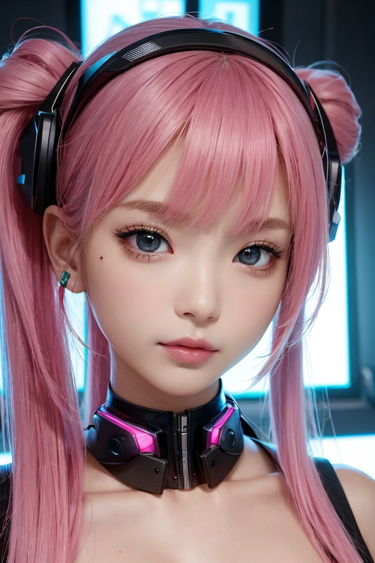 masterpiece, 1 beautiful girl, Detailed eye, Swollen eyes, top-quality, 超A high resolution, (reality: 1.4), Movie Lighting, japanes, a asian beauty, very extremely beautiful, Beautiful skins, A slender, Forward-facing body, gazing at viewer、(A hyper-realistic), (hight resolution), (8K), (ighly detailed), ( Best Illustration), (beautifully detailed eyes), (ultra-detailliert), Detailed face, Bright lighting, Professional Lighting、The background is a cyberpunk room with many monitors...、Hair color is pink twin tails、、headset on head、Moles under the eyes、Plump and glossy lips、Heart-shaped choker、Female Game Commentator