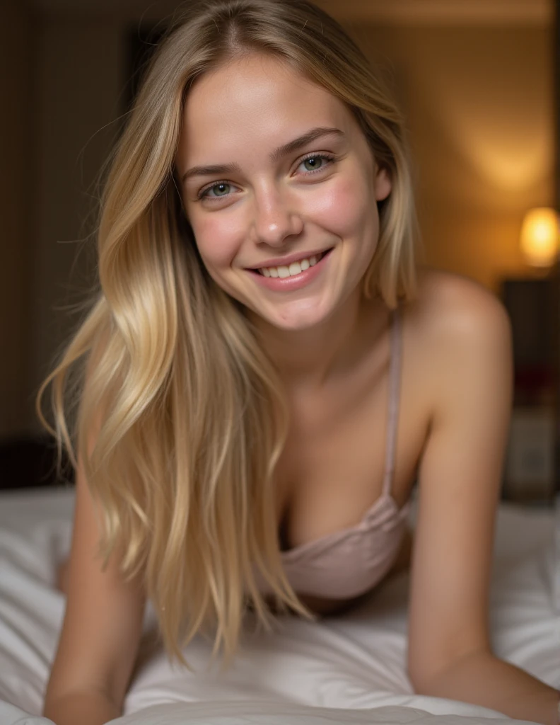 High quality, A super realistic Scandinavian blond girl in a fancy black dress, make her beautiful, beautiful blond hair, cute smile, she’s in her bed in a Super realistic bedroom, make the bedroom realistic and with some realistic plant, add some face imperfections, upper body, no paintings on the walls