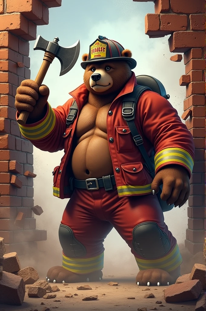 Macro Wolf  furry  the a colossal firefighter  muscled  with huge torso , huge arms ,huge  pecs , huge lesgs , in huge fire boots, there is a small town around him, he is a huge firefighter, trampling the small city.