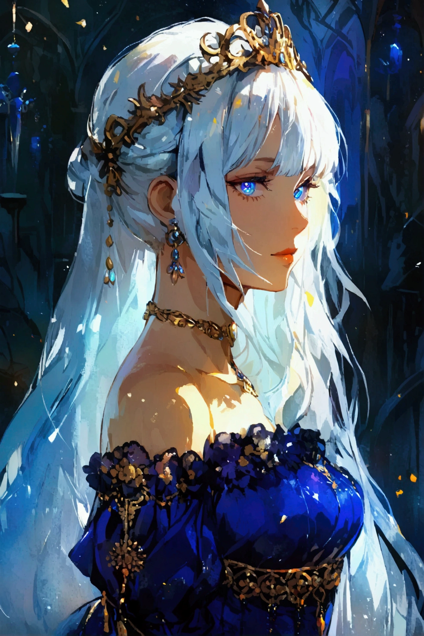 Create a serene nighttime scene under a full moon with a couple standing at the edge of a tranquil, sapphire-blue river. The river emits a gentle, mysterious glow. Emerging from the water is a luminous female figure with long, flowing hair that seems to merge with the river itself. Her eyes mirror the deep blue of the water, and she exudes an aura of calm and wisdom. The couple gazes at her in awe, feeling a profound sense of peace and hope. The landscape is lush and natural, with the bridge in the background and the river’s gentle current reflecting the moonlight.