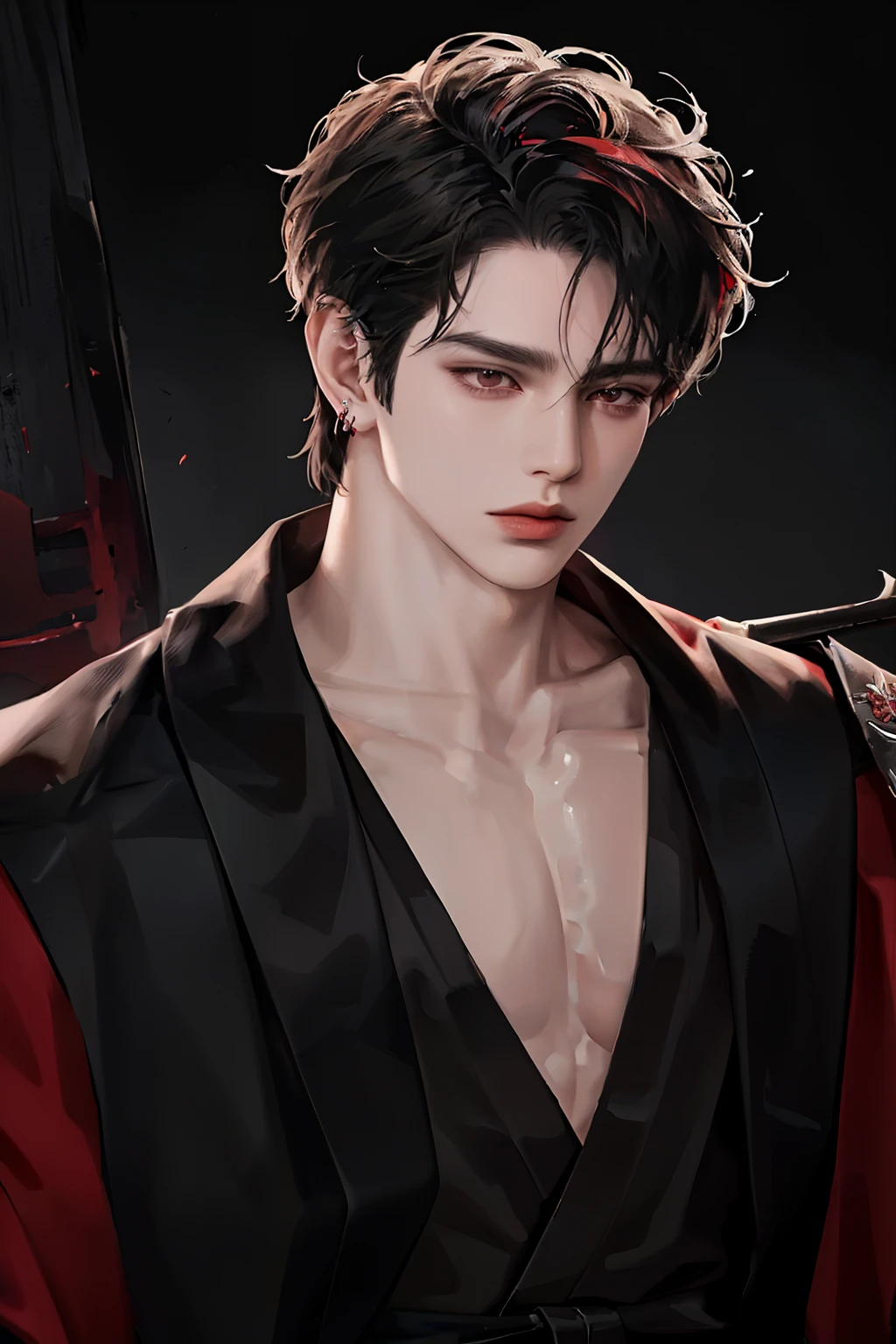 young man, dark look, no beard, dark eyes, grim expression, half-closed eyes.