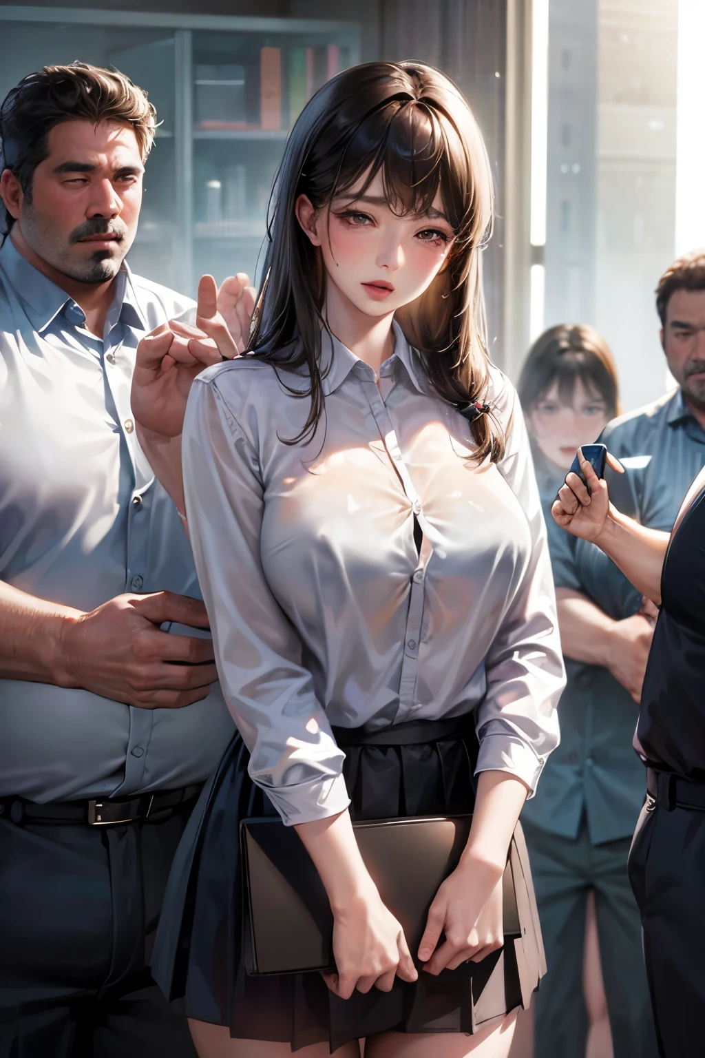 (masterpiece), (Highest quality), (highly detailed), (8k resolution), (Highest quality),tiny_chest,erect_nipple,hair_good,brown_hair,brown_eye,detailed_lips,shy,Ecstasy_face,blush,office lady,(White button-up shirt),skirt,stockings,(Browsing Caution:1.3)、train、Clothes are see-through、wet clothes, (woman,Fat middle-aged man:1.2)、(Middle-aged man behind:1.3)、(Surrounded by middle-aged men:1.6)、(tears), (molested:1.2)