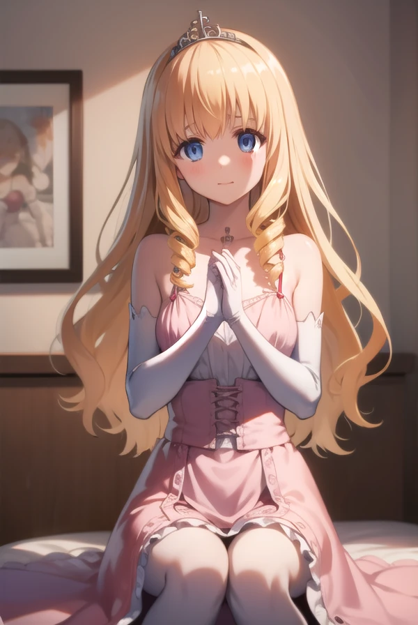 anime image newlywed wife、from the second story window、smiling and waving at me、she is very beautiful、Hair is straight long、a blond