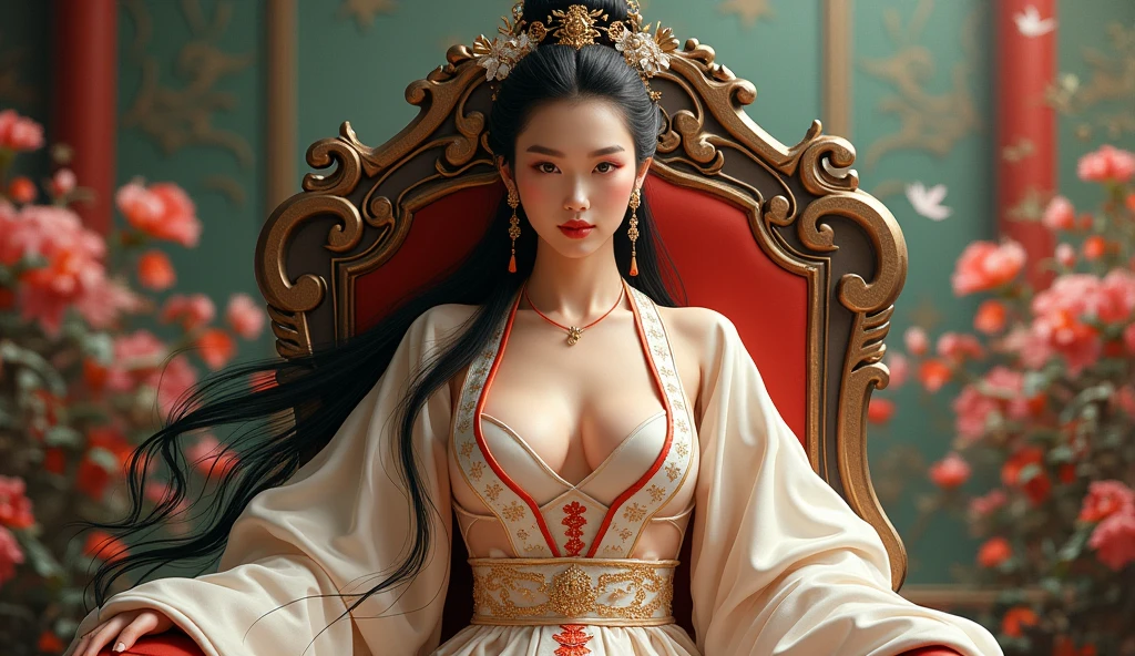 (ultra-detailed, photorealistic, best quality, 4k, highres, masterpiece:1.3), Crown Princess Xian Li in her ceremonial attire, snow-white flawless skin, long straight black hair, elaborate headdress made of gold and precious jewels, piercing cold gray eyes, deep red lips contrasting her pale complexion, (voluptuous and alluring figure), ((wearing an exquisite ceremonial gown with intricate embroidery and delicate lace)), the gown features intricate patterns of dragons and phoenixes symbolizing power and rebirth, form-fitting bodice accentuating her curves, long flowing sleeves and a high collar adding to her regal appearance, background elements of the royal palace, rich decor, grand pillars, opulent tapestries, and golden ornaments, a majestic throne behind her, serene and emotionless calm expression, highlighting her royal status and ethereal beauty, (intricate detail, super finely detailed hands, ultra finely detailed fingers, full body showcase, show full body).