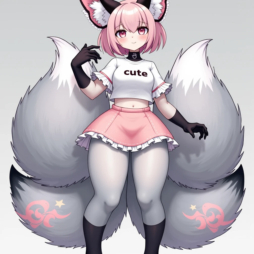 slim, anorexic blep, white cat, fluffy tail, paw pads, pink paw pads, white spots, big fluffy tail, earrings, fluffy fur, girly, white stockings, pink leg-warmers 1girl, solo, female, big breasts, blue skirt, pastel pink hair, short hair, hair over left eye, turquoise eyes, tongue out, cowboy shot, no shoes, paws, black earrings, big ears, by zackary911, (coffeesoda:1.1), hioshiru, zackary911