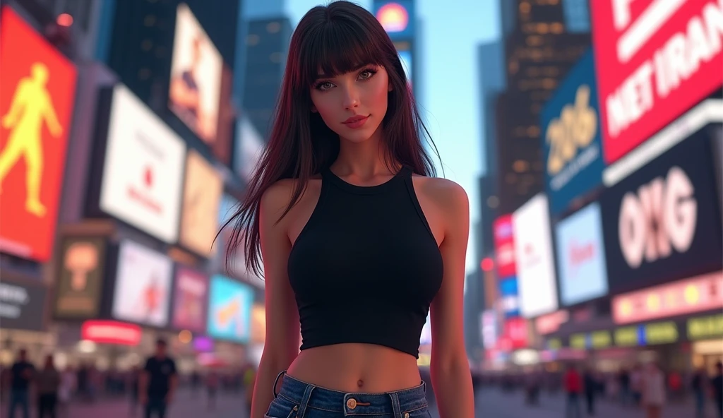 ((Midnight, Best quality, 8k, Masterpiece :1.3)), Whole body, Long legs, Sharp focus :1.2, A pretty woman with perfect figure :1.4, Slender abs :1.1, ((Dark brown hair, Big breasts :1.2)), (White tight tshirt, Jean bib, Standing:1.2), ((Night city view, Rooftop:1.3)), Highly detailed face and skin texture, Detailed eyes, red lipstick