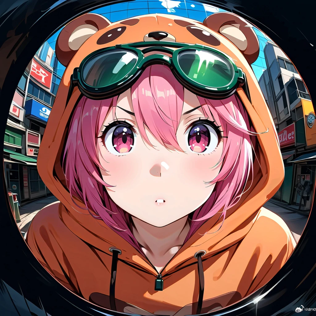 (masterpiece, best quality:1.2), 1 girl, unique, mature woman, beaver onesie, beaver pajamas, pit viper sunglasses, music-themed background, fish eye, zoomed in one eye