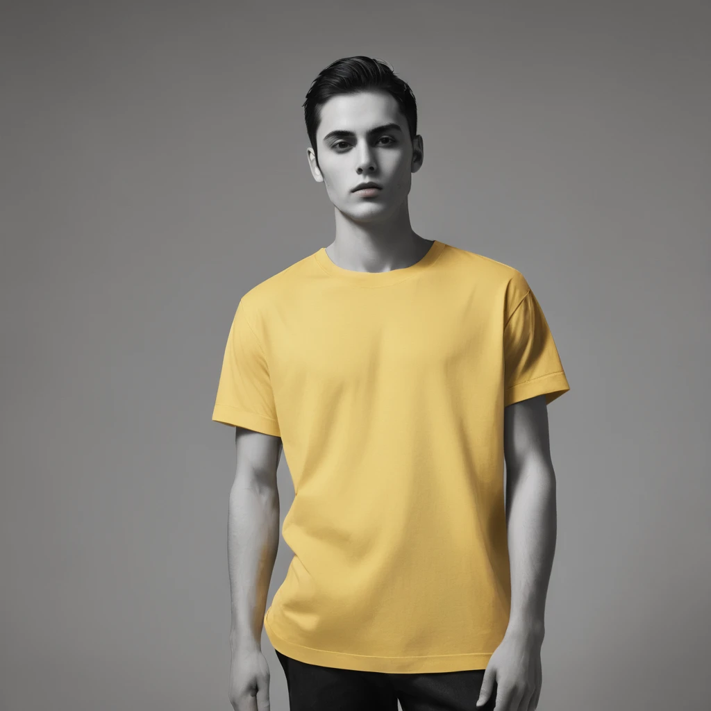 Professional black and white, high contrast, desaturated photograph of an oversized yellow t-shirt mockup against a plain background, lit with harsh, intense light and textured with a prominent, gritty grain reminiscent of candid film photography, exuding a sense of of authenticity, with impeccable composition, as if filmed with a 50mm or 35mm lens, evoking the feeling of a spontaneous and expertly captured moment, with every crease and fold of the shirt sharply defined and radiating a sense of simplicity and sophistication.