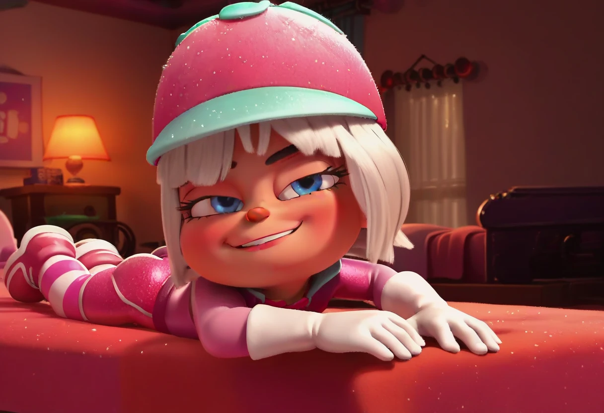 full body, solo, taffyta muttonfudge, blue eyes, gloves, hat, white hair, pink headwear, upper body, looking at viewer, light blush, smile, perky, eyes closed, cute smile, indoors, pink, bed, bedroom, straight-on, lying, on stomach, butt Shaking 