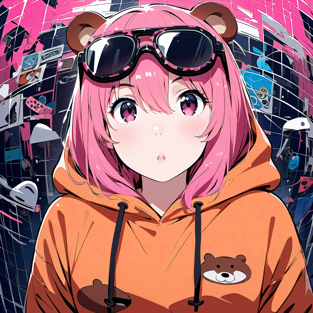 (masterpiece, best quality:1.2), 1 girl, unique, mature woman, beaver onesie, beaver pajamas, pit viper sunglasses, music-themed background, fish eye, zoomed in one eye, flat colors