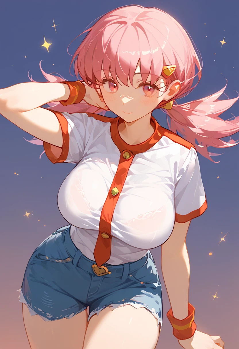 (8k,  top quality,   masterpiece  :1.3), pose, 1 girl in uniform,  very beautiful face  , random expression ,ＪＫ_ style for stilets ,(Age 19),Big Breasts,zzWhitney, pink eyes, pink hair, pigtails, hair clip, white shirt, denim shorts,