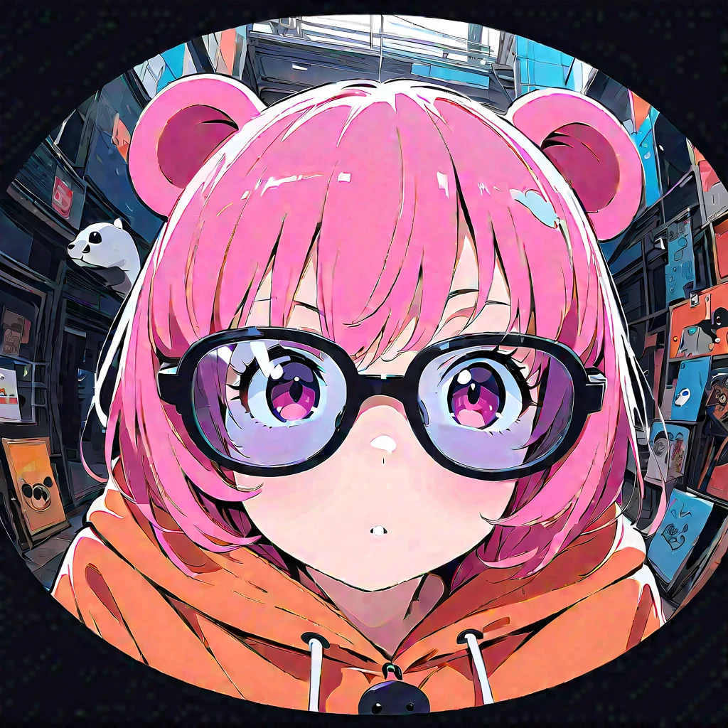 (masterpiece, best quality:1.2), 1 girl, unique, mature woman, beaver onesie, beaver pajamas, pit viper sunglasses, music-themed background, fish eye, zoomed in one eye, flat colors, black border