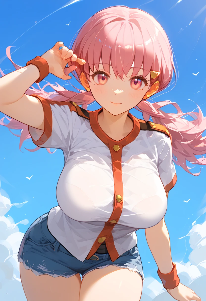 (8k,  top quality,   masterpiece  :1.3), pose, 1 girl in uniform,  very beautiful face  , random expression ,ＪＫ_ style for stilets ,(Age 19),Big Breasts,zzWhitney, pink eyes, pink hair, pigtails, hair clip, white shirt, denim shorts,