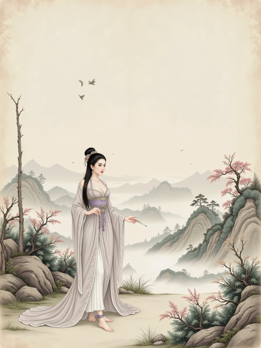 lace，Traditional Chinese landscape，Beige background， Light Grey Fine Grain Texture， Old Paper Texture ， Featured Chinese Art ，Song Dynasty，Rice paper，Goofy, 1girl， Grab a Dust Pen ，Lone clouds，Sit Alone ，Jingting Mountain，Never tire of watching