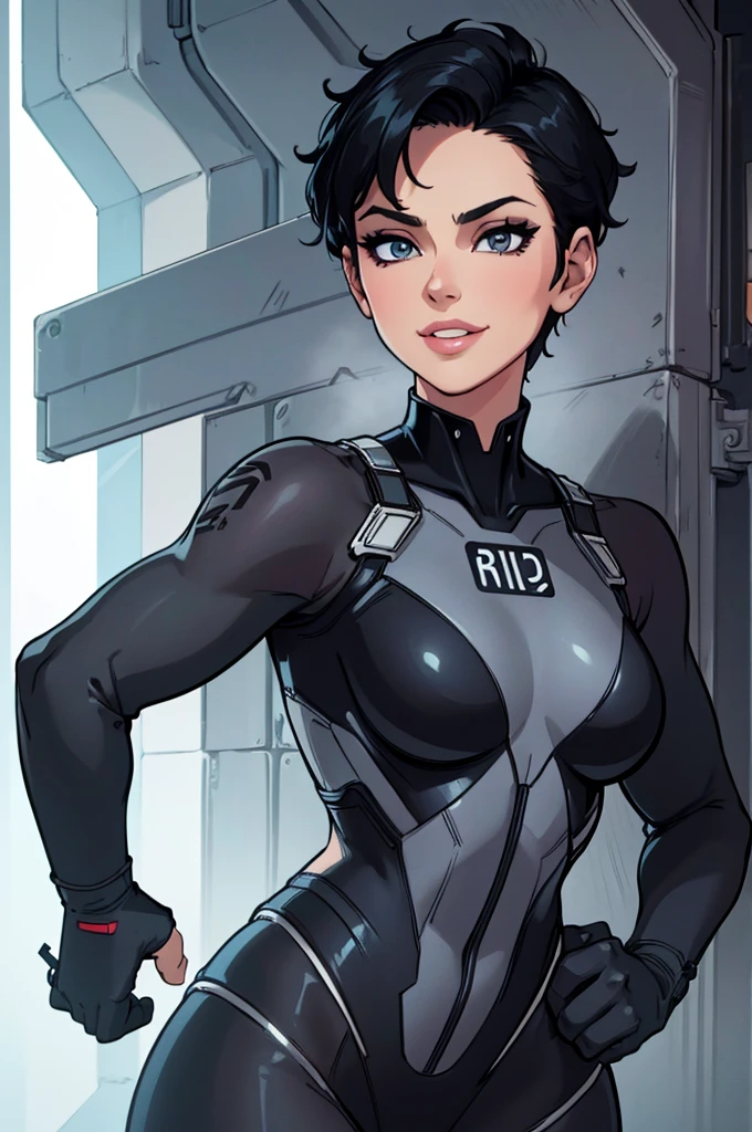 (art, Best quality, absurd, 4K, aesthetics, perfect eyes, perfect face, detailed, complex, Perfect lighting) 1 girl with fair skin, short shaved dark hair, wears all black futuristic bodysuit, queen of an alien race, warrior, gentle smile