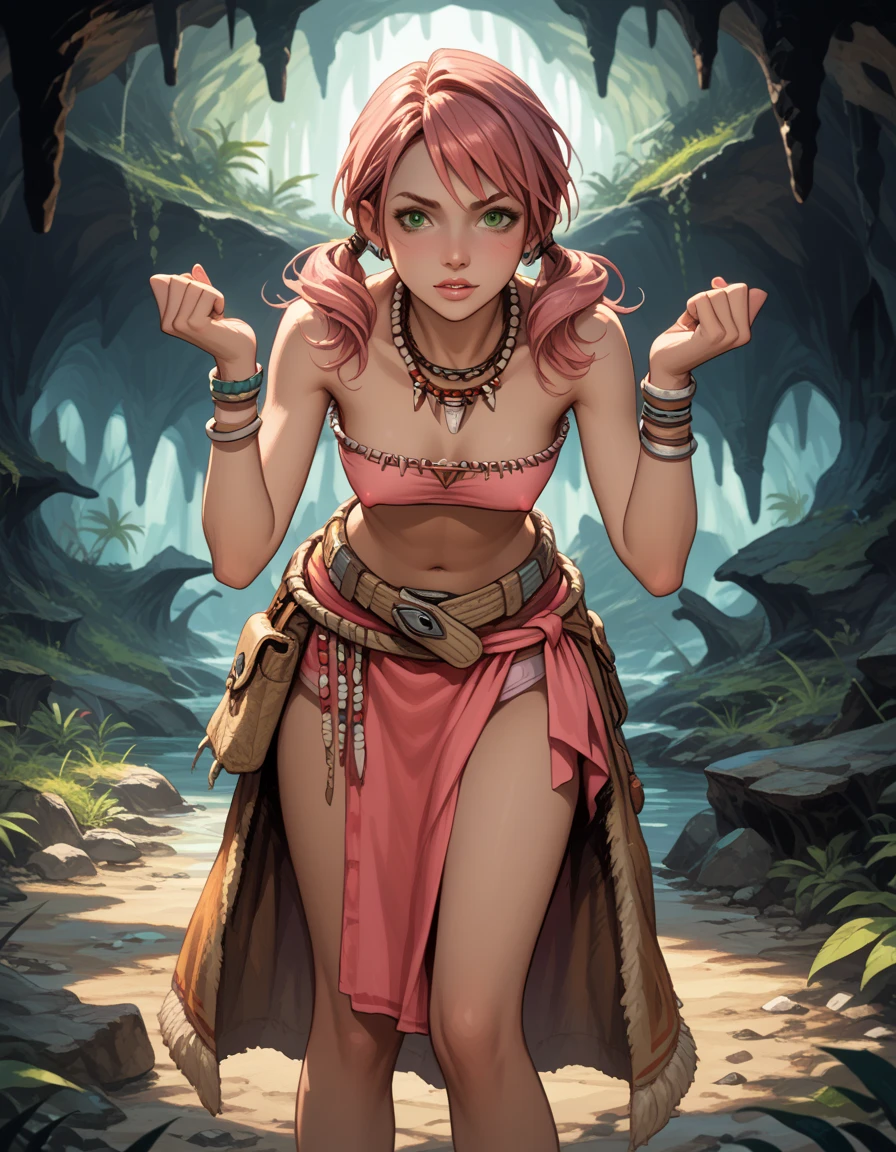 vanille;; twintails, green eyes, emotional face, tribal jewelry, necklace, bracelet, beads, (open pink tube top), erect nipples, belt, sarong, clothes around waist, high slit in clothes, ((panties showing));; bending forward at waist, ((deep downblouse pose), (cropped at knees);; inside cave setting;; ((breasts apart, extended downblouse))