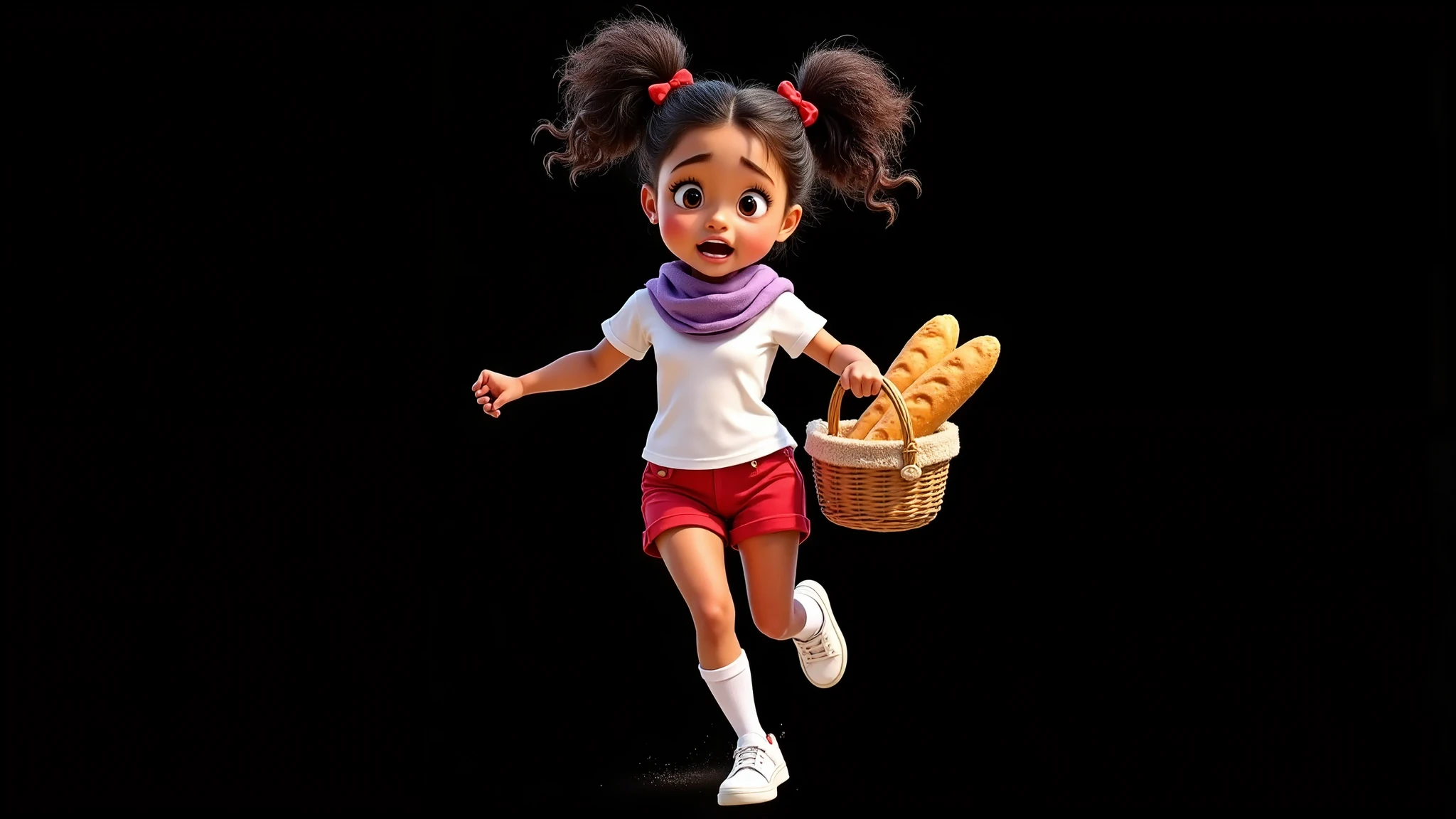 Inspired by cartoons, posters and Disney Pixar films, create a frontal image of a  girl, beautiful, sensual and attractive, with a basket with two loaves of bread in a white t-shirt without prints, very short red shorts, a scarf lilac around her neck, hair tied into two ponytails with red ribbons, light brown skin, curly hair, white knee socks, white sneakers, she runs with an air of despair after having dropped one of the loaves, her eyes They are wide-eyed and their mouths open, all black background for cutting in png