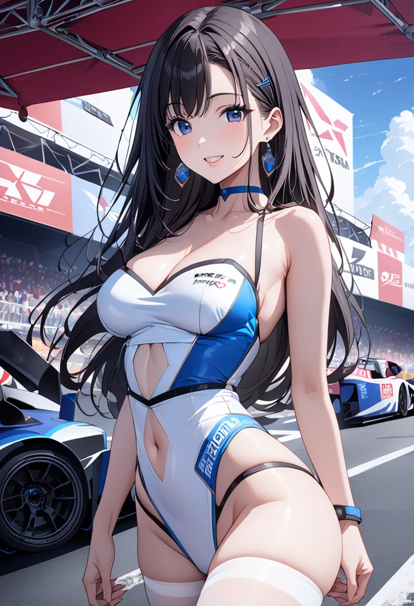   top quality、 Ultra-high precision 、Detailed view、  vibrant colors、Alone、 beautiful girl 、Age 30、Modern Circuit  、  Racing Car Racing 、  asphalt、  Embroidered Start Grid 、 blue sky、cloud、  Race Queen Costume  、 Silver and Pink One Piece Leotard、White Knee Length Tights 、Sponsor logos、 High Leg Cut 、Beautiful big 、Parasol、[flag、audience、smile、Beautiful figure、  black hair、   slender figure  、 Accurate Description 、   anime style illustration   、   Nipple Bracelets 、 earrings for a woman Alone